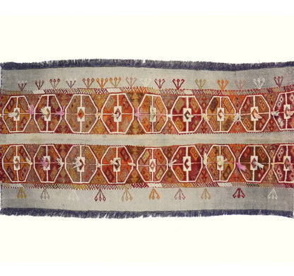 Détail du tissage – Tapis kilim ancien Cuval 128×58 cm, laine naturelle tissée main
