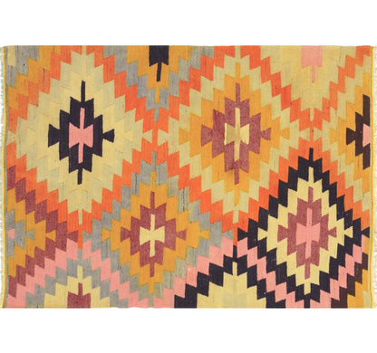 Tapis kilim ancien Denizli 160×120 cm, vue d'ensemble – Laine naturelle, environ 55 ans, Anatolie de l'Ouest