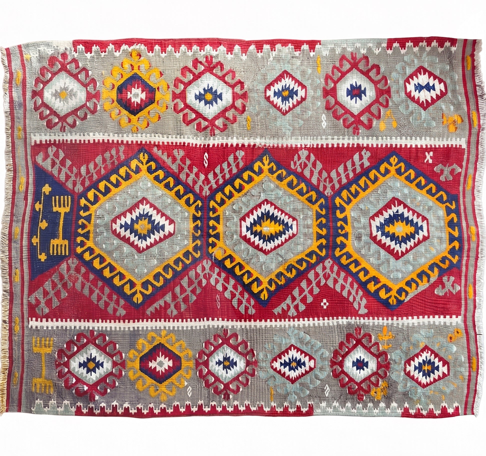 Vue horizontale du kilim Denizli 170 x 138 cm – Tapis turc en laine de provenance Denizli