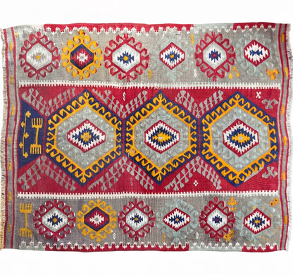 Vue horizontale du kilim Denizli 170 x 138 cm – Tapis turc en laine de provenance Denizli
