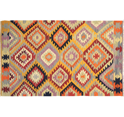 Tapis kilim ancien Denizli 260×170 cm, vue d'ensemble – Laine naturelle, environ 55 ans, Anatolie de l'Ouest
