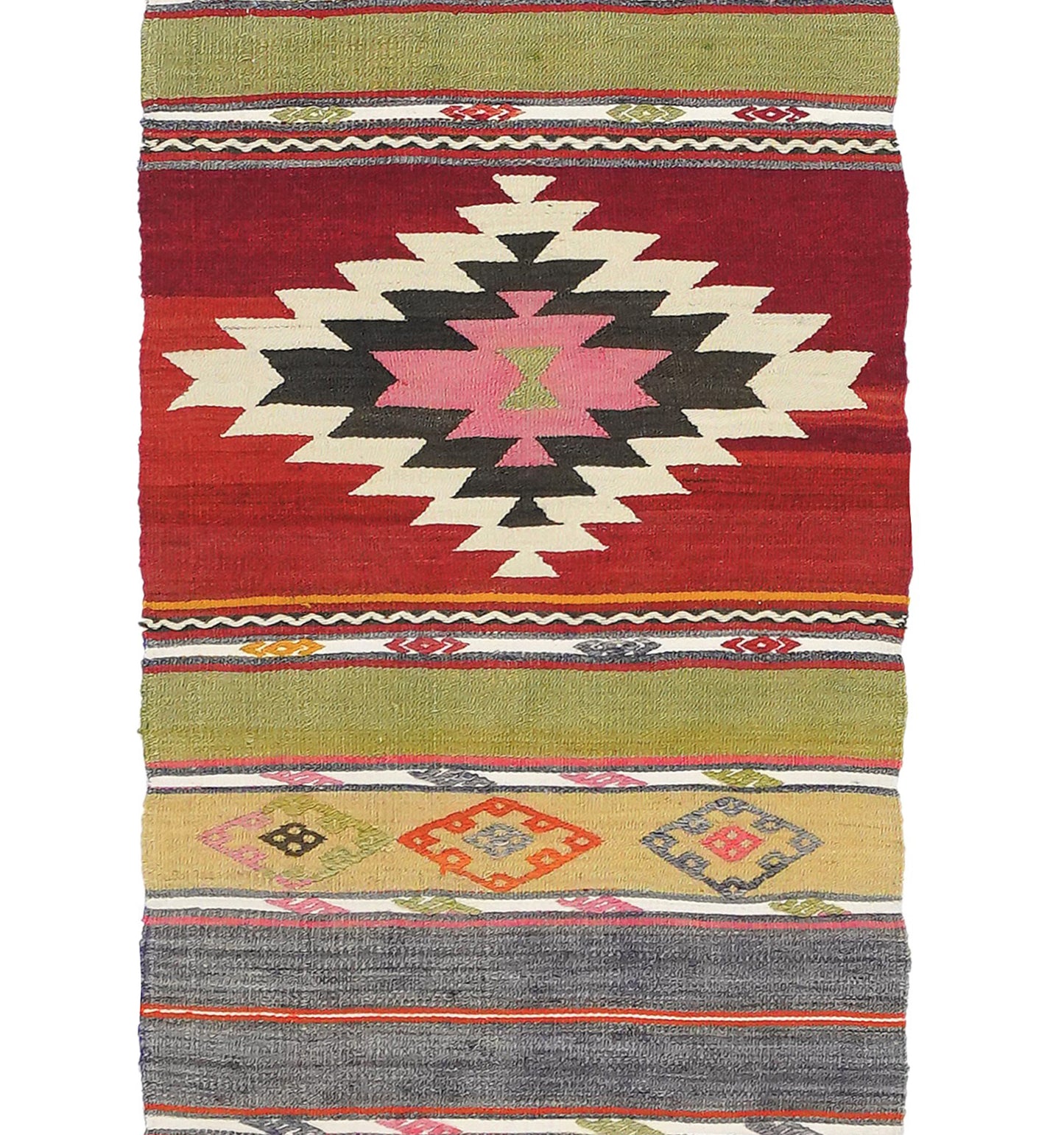 Détail du tissage – Tapis kilim ancien Denizli 267×55 cm, laine naturelle tissée main