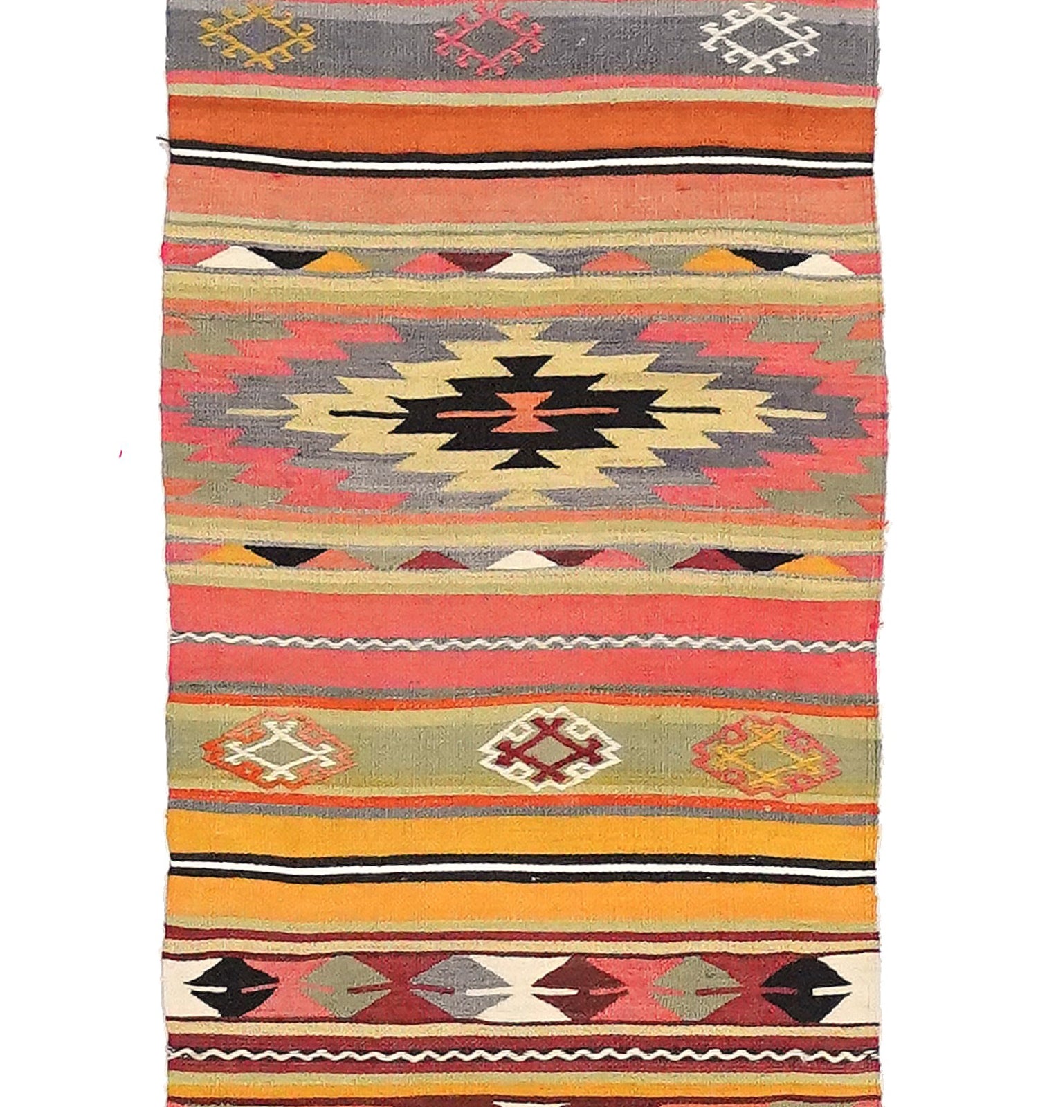 Détail du tissage – Tapis kilim ancien Denizli 270×61 cm, laine naturelle tissée main