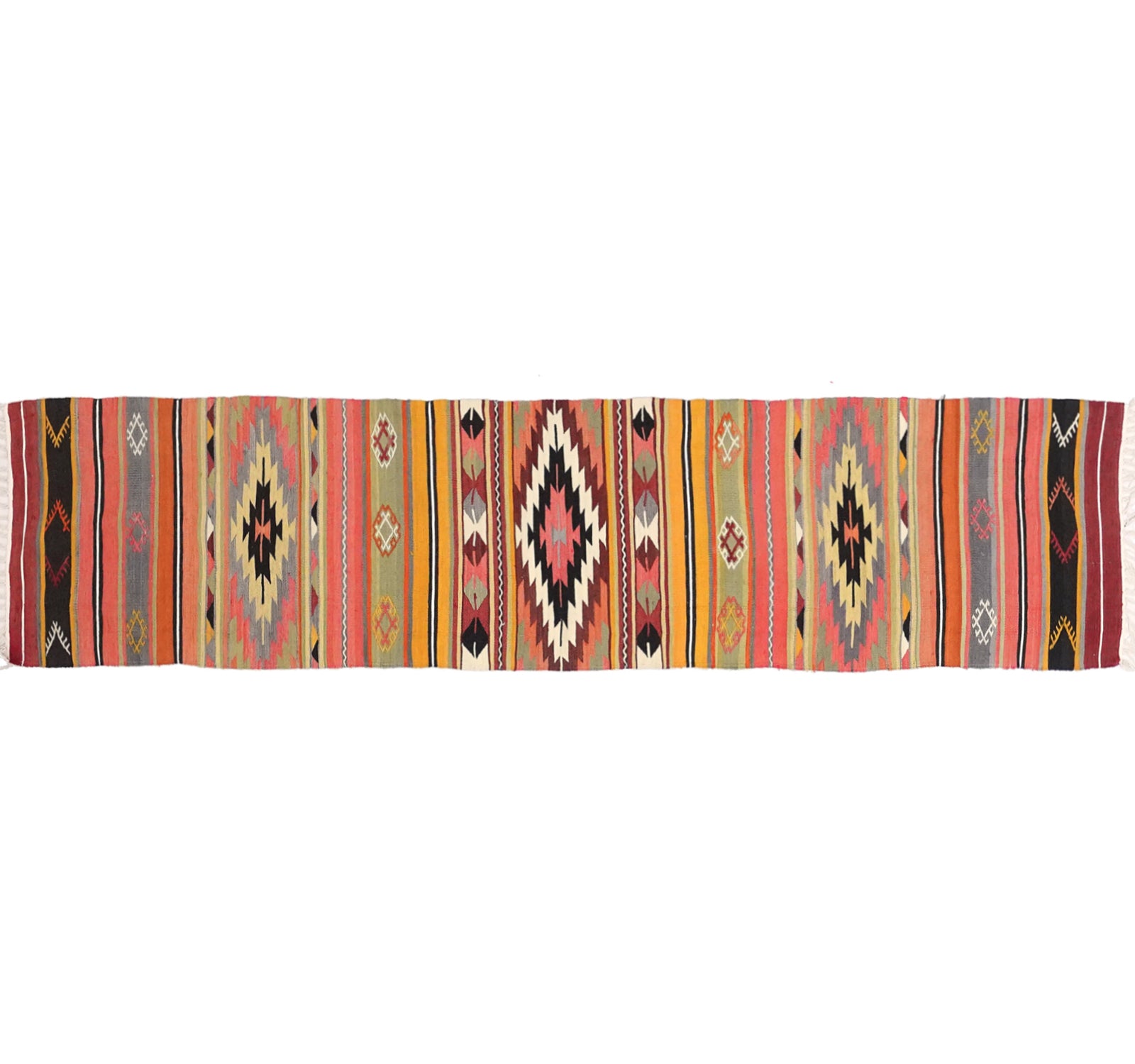 Tapis kilim ancien Denizli 270×61 cm, vue d'ensemble – Laine naturelle, environ 55 ans, Égée
