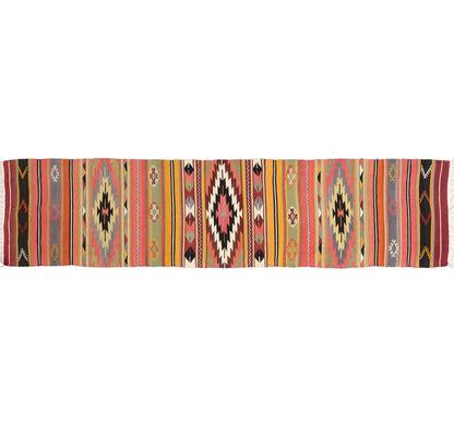 Tapis kilim ancien Denizli 270×61 cm, vue d'ensemble – Laine naturelle, environ 55 ans, Égée