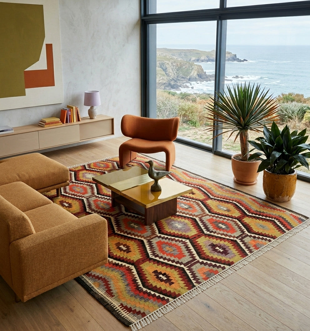 Grand tapis Kilim contemporain aux motifs hexagonaux colorés (ocre, rouge, vert), structurant un salon de luxe moderne avec mobilier design terracotta, parquet clair et vue spectaculaire sur l'océan à travers de grandes baies vitrées.