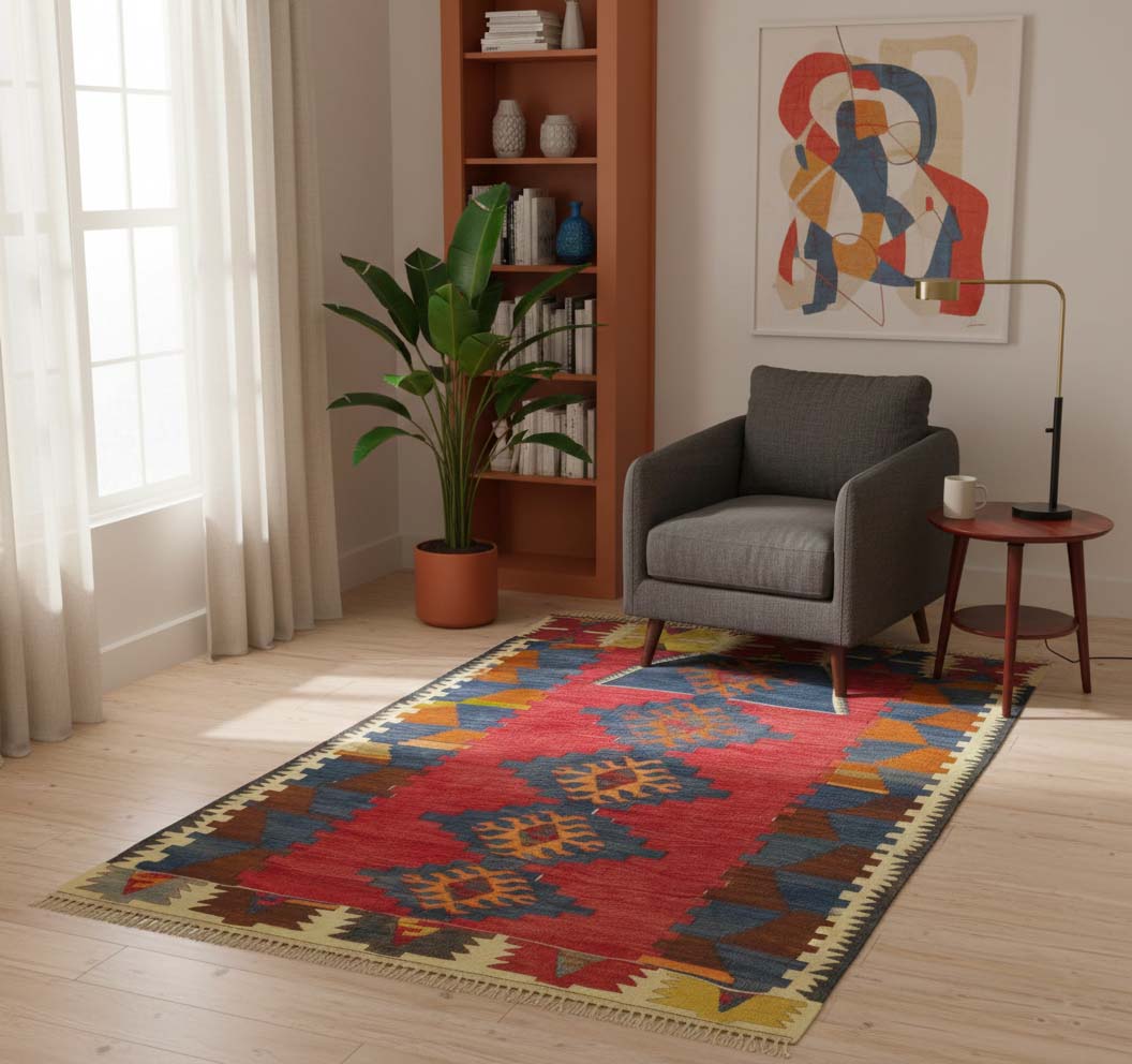 Kilim Eregli 150 x 102 cm en situation dans un intérieur moderne – Décoration provenance Eregli