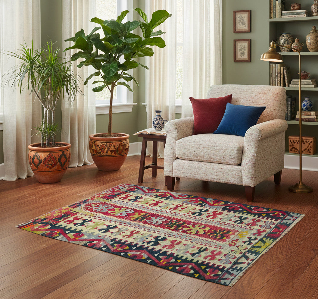 Kilim Esme 130 x 100 cm en situation dans un intérieur moderne – Décoration provenance Esme