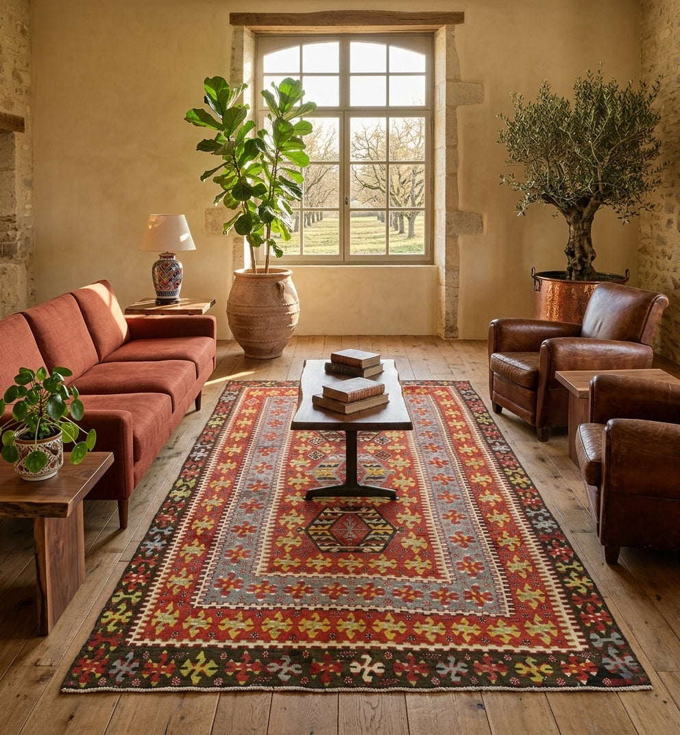Grand tapis kilim Esme en laine aux motifs géométriques rouges et orangés (280 x 155 cm) mis en situation dans un salon rustique de prestige avec murs à la chaux, poutres apparentes, canapé terracotta et fauteuils club en cuir marron