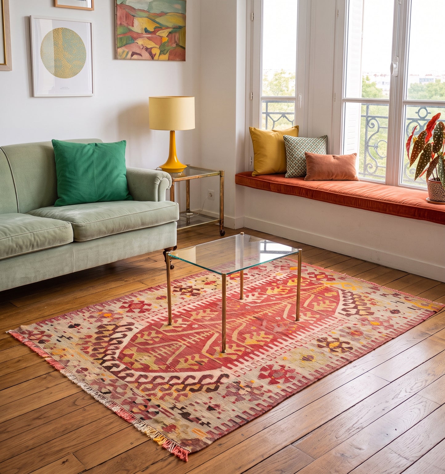 Kilim ancien d'Esme, tapis kilim tissé main en laine par des nomades d'Anatolie, motif floral central rouge et safran, posé dans un salon parisien près d'une banquette sous fenêtre à balcon