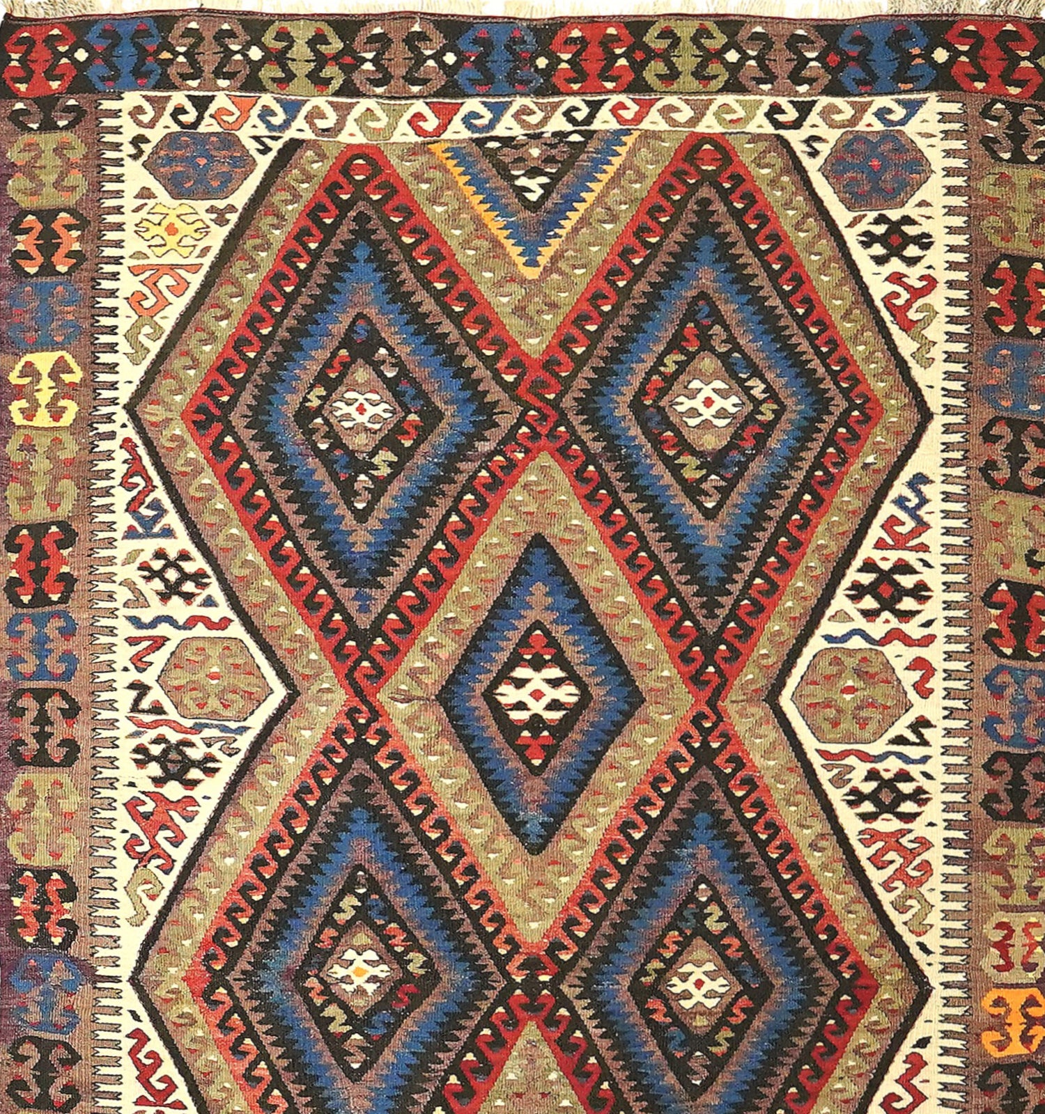 Détail du tissage – Tapis kilim ancien Fethiye 250×140 cm, laine naturelle tissée main