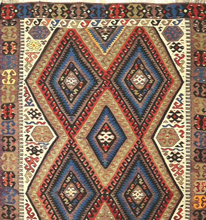 Détail du tissage – Tapis kilim ancien Fethiye 250×140 cm, laine naturelle tissée main