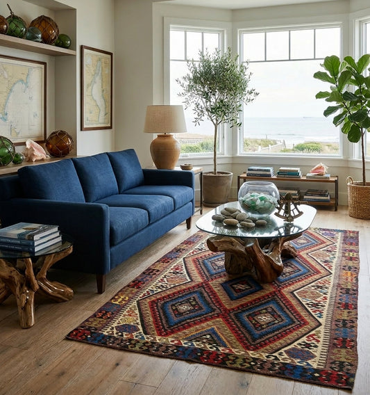 Tapis Kilim Fethiye vintage aux motifs de losanges bleus et rouges dans un salon bord de mer avec canapé bleu et table en bois flotté