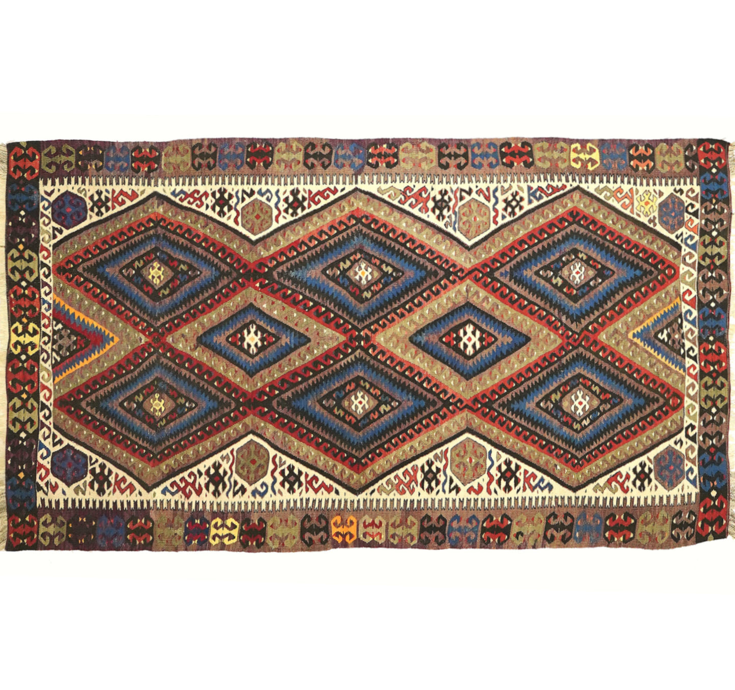 Tapis kilim ancien Fethiye 250×140 cm, vue d'ensemble – Laine naturelle, environ 65 ans, Anatolie de l'Ouest