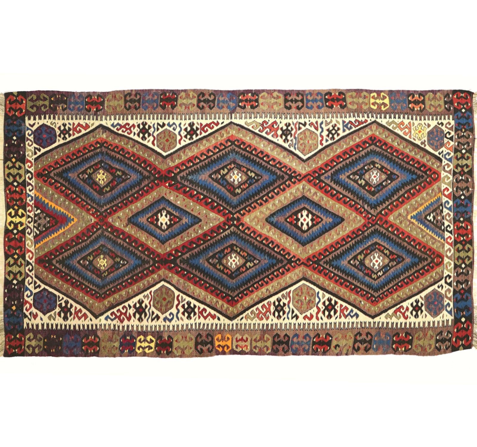 Tapis kilim ancien Fethiye 250×140 cm, vue d'ensemble – Laine naturelle, environ 65 ans, Anatolie de l'Ouest