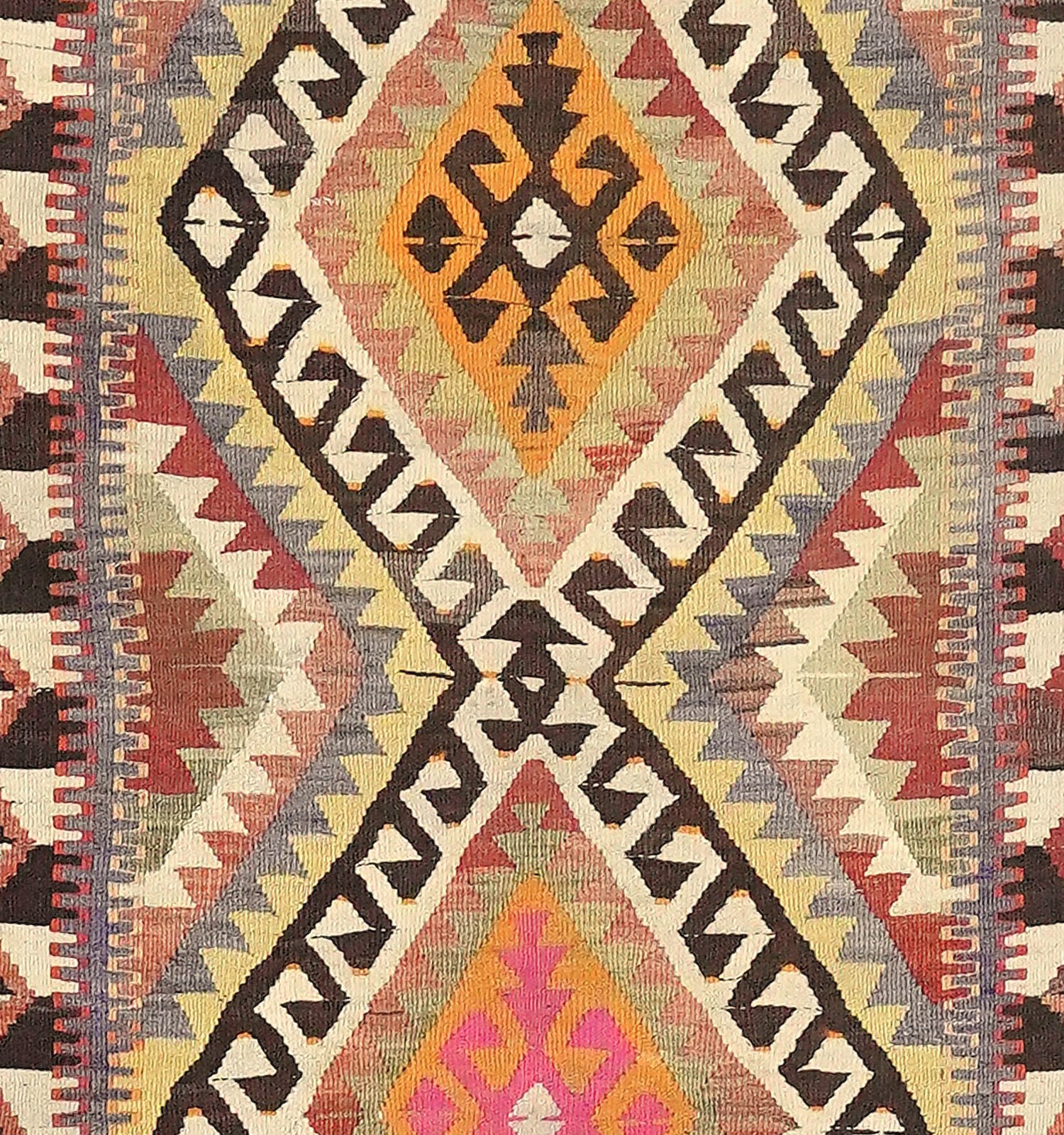 Détail du tissage – Tapis kilim ancien Isparta 264×108 cm, laine naturelle tissée main