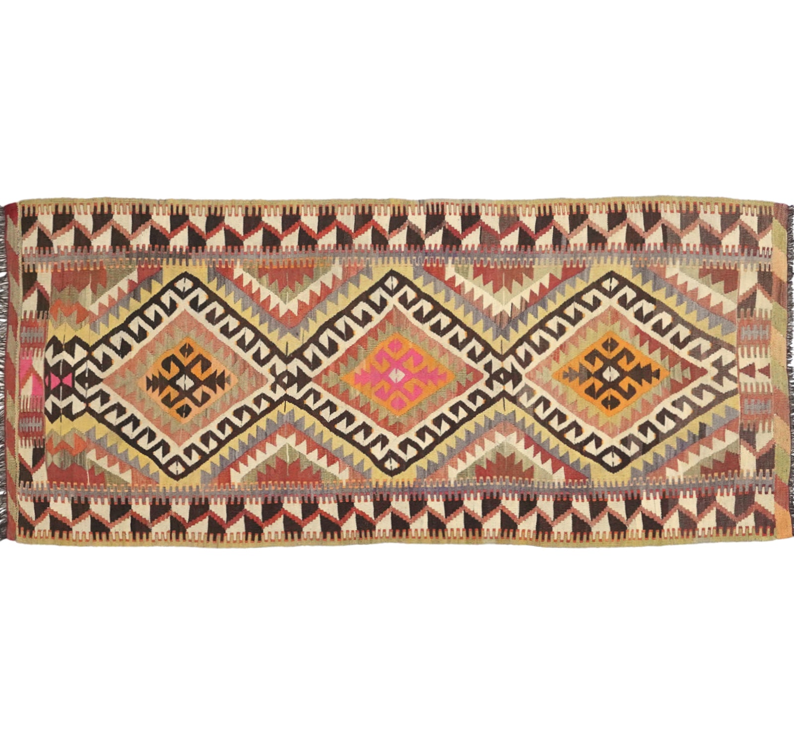 Tapis kilim ancien Isparta 264×108 cm, vue d'ensemble – Laine naturelle, environ 60 ans, Anatolie du Sud-Ouest