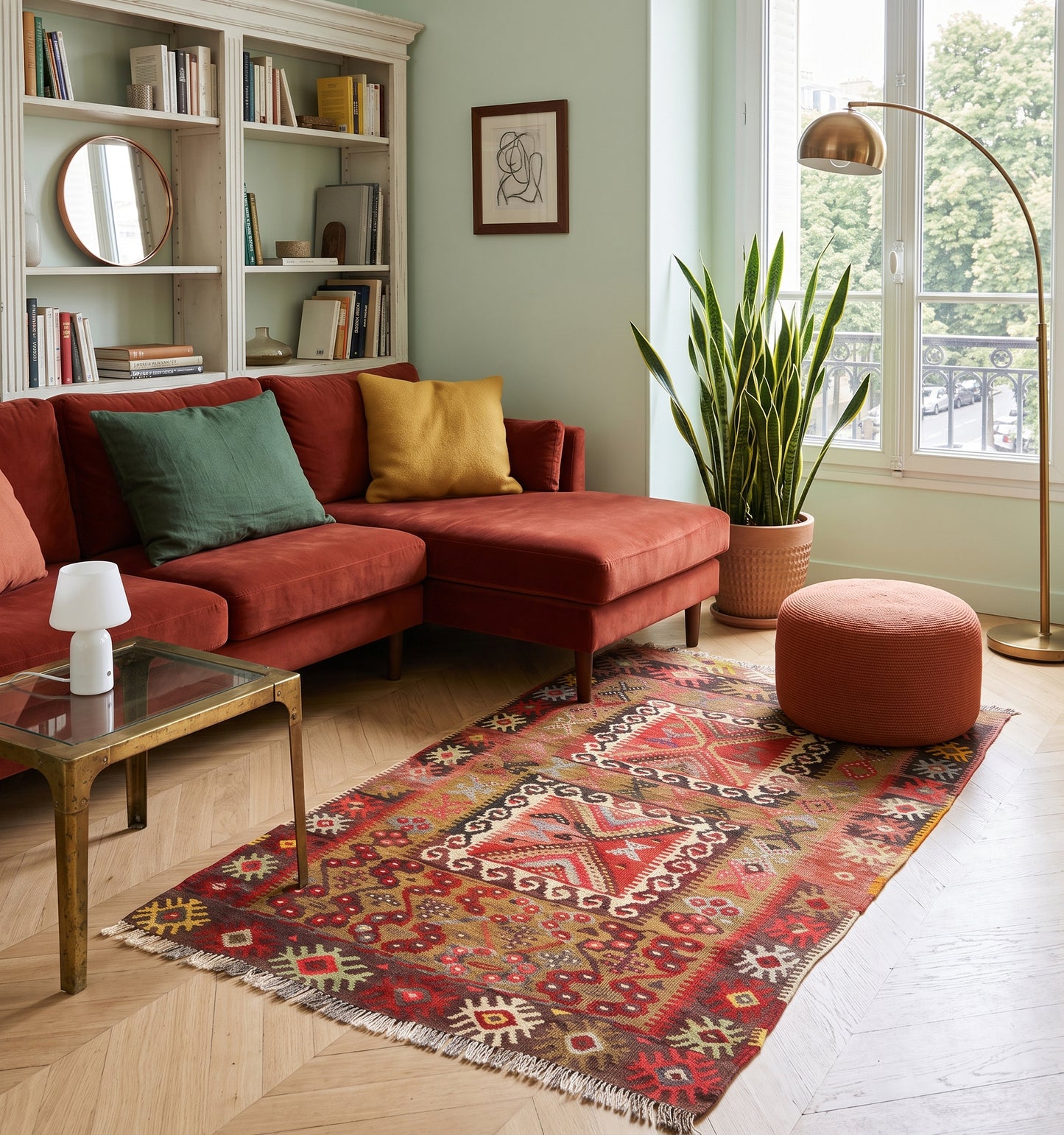 Kilim ancien de Kayseri, tapis kilim tissé main en laine par des nomades d'Anatolie, foisonnement de motifs rouge et safran, posé dans un salon parisien face à une bibliothèque et un balcon en fer forgé