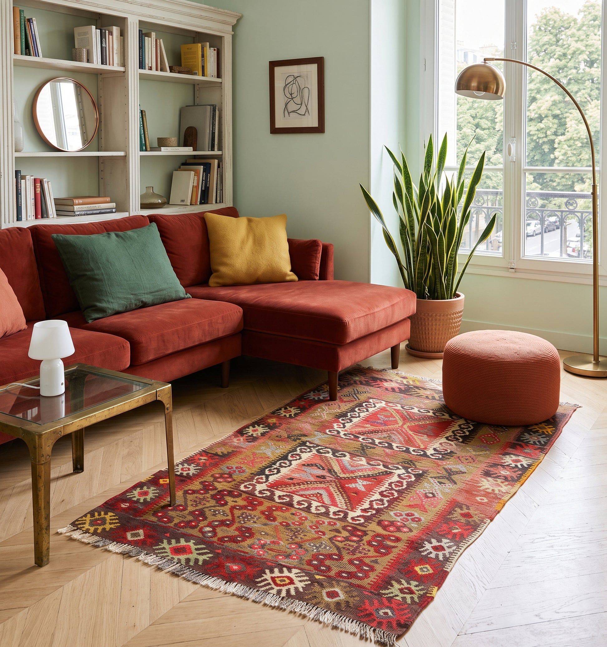 Kilim ancien de Kayseri, tapis kilim tissé main en laine par des nomades d'Anatolie, foisonnement de motifs rouge et safran, posé dans un salon parisien face à une bibliothèque et un balcon en fer forgé