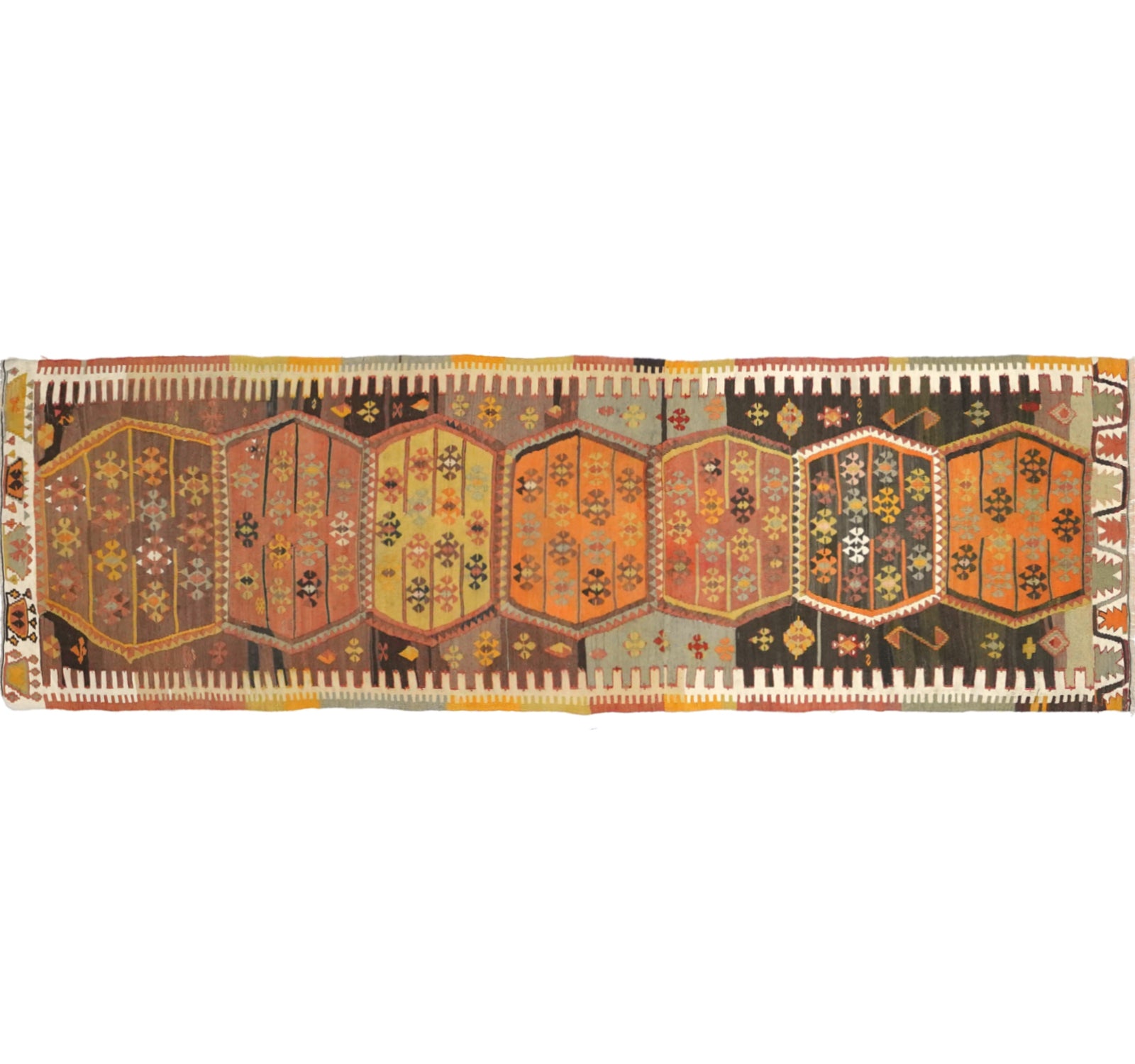 Vue horizontale du kilim Kirsehir 330 x 96 cm – Tapis turc en laine de provenance Kirsehir