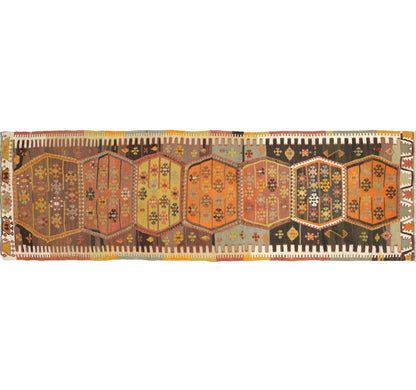 Vue horizontale du kilim Kirsehir 330 x 96 cm – Tapis turc en laine de provenance Kirsehir