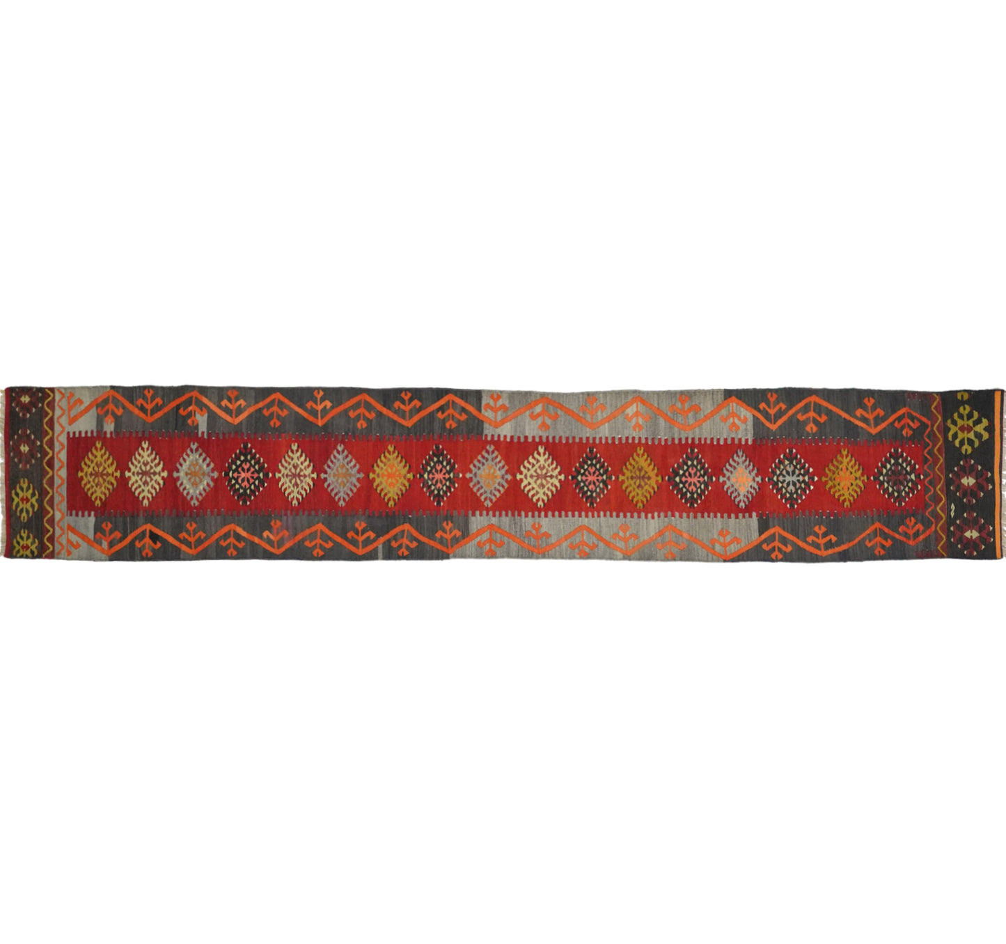 Vue horizontale du kilim Kirsehir 420 x 62 cm – Tapis turc en laine de provenance Kirsehir