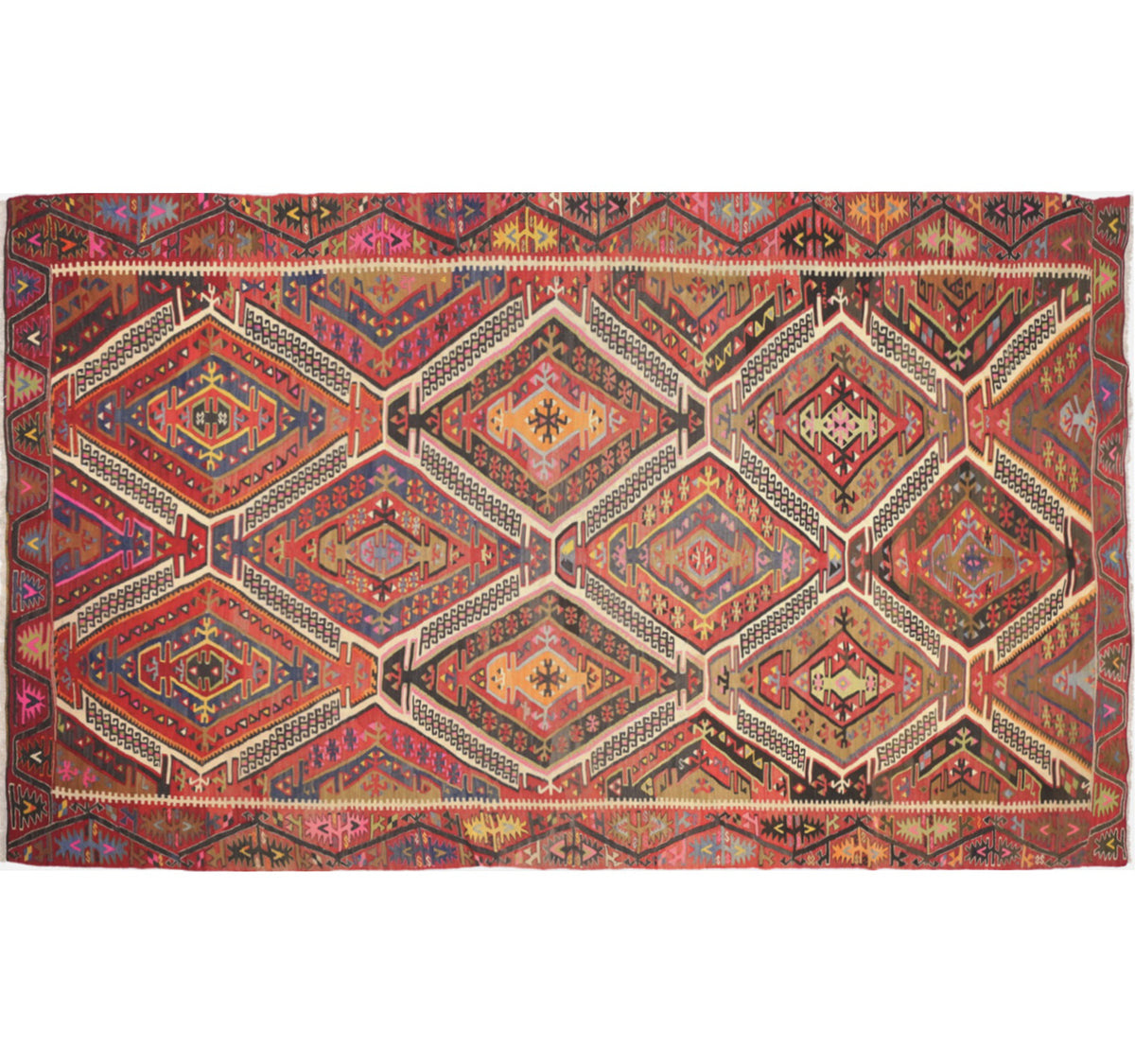 Vue horizontale du kilim Komurgen 330 x 185 cm – Tapis turc en laine de provenance Komurgen