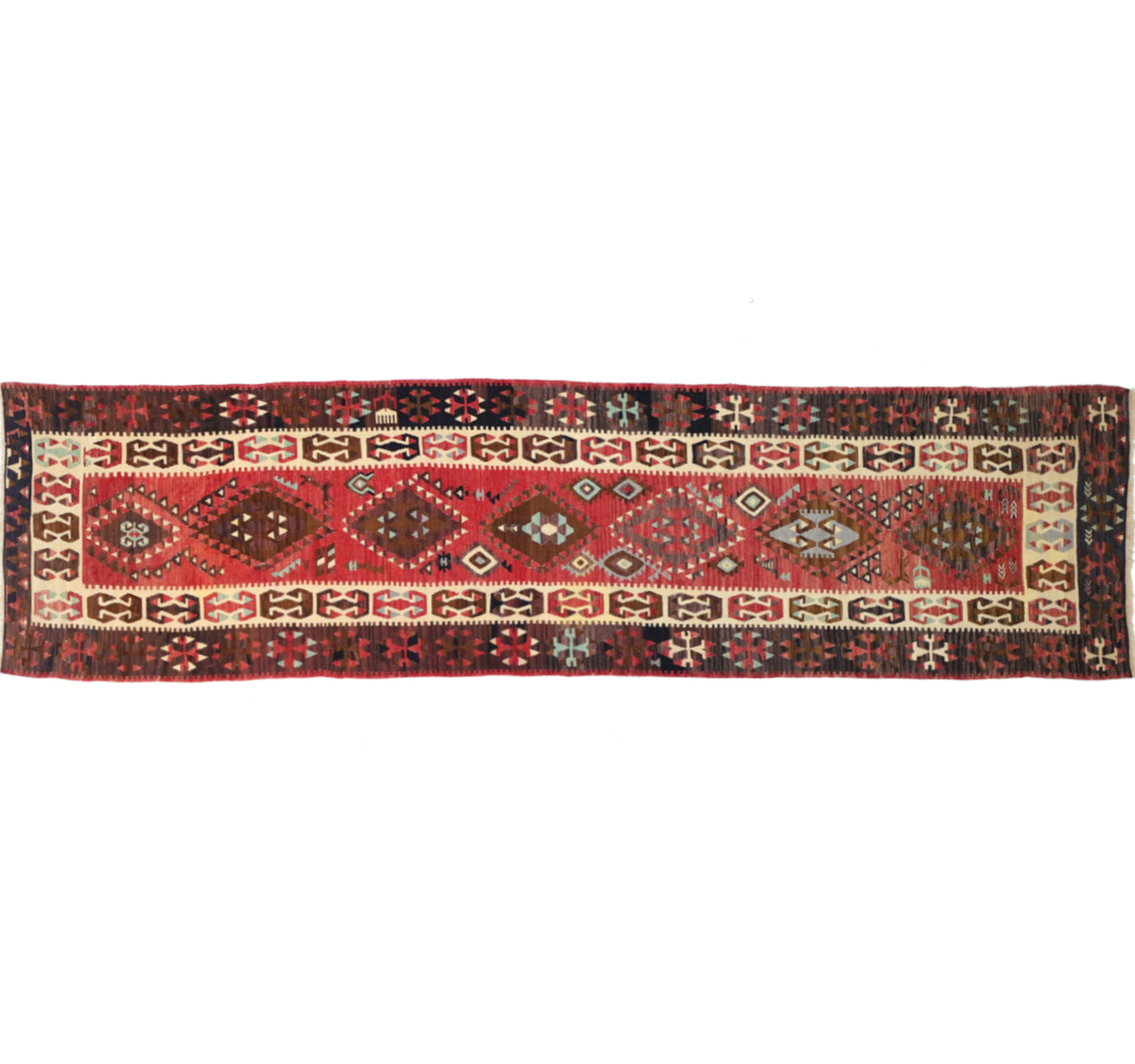 Vue horizontale du kilim Komurgen 343 x 72 cm – Tapis turc en laine de provenance Komurgen