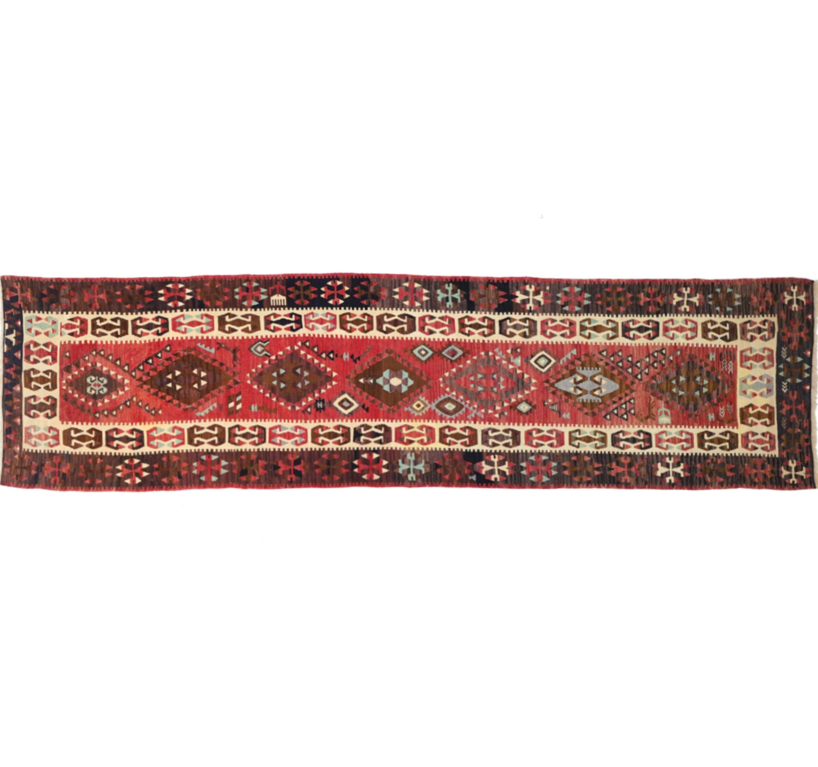 Vue horizontale du kilim Komurgen 343 x 72 cm – Tapis turc en laine de provenance Komurgen