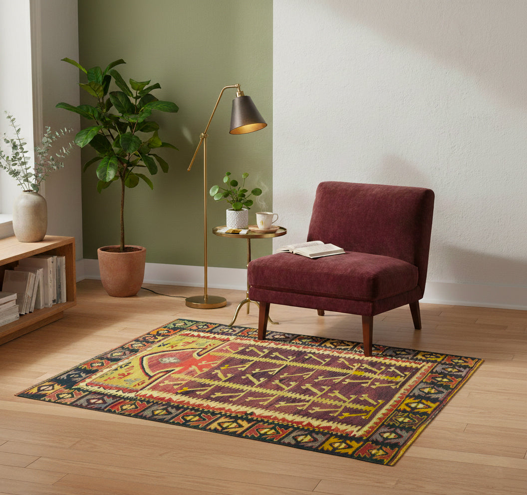 Kilim Konya 146 x 110 cm en situation dans un intérieur moderne – Décoration provenance Konya