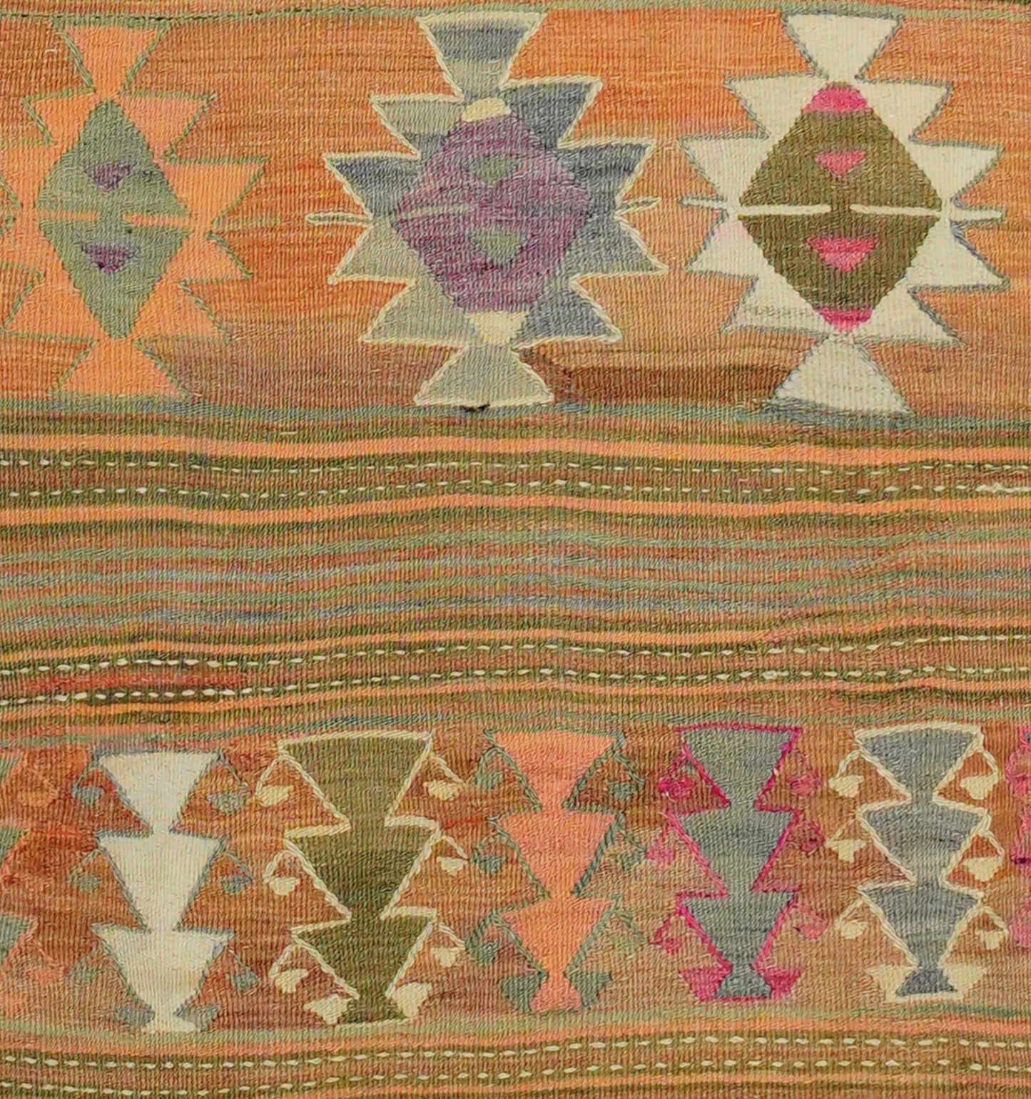 Détail du tissage – Tapis kilim ancien Konya 202×140 cm, laine naturelle tissée main
