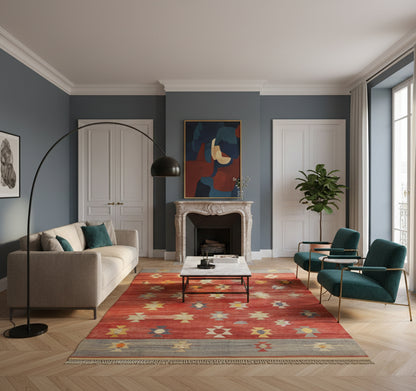 Kilim Koprubasi 270 x 160 cm en situation dans un intérieur moderne – Décoration provenance Koprubasi