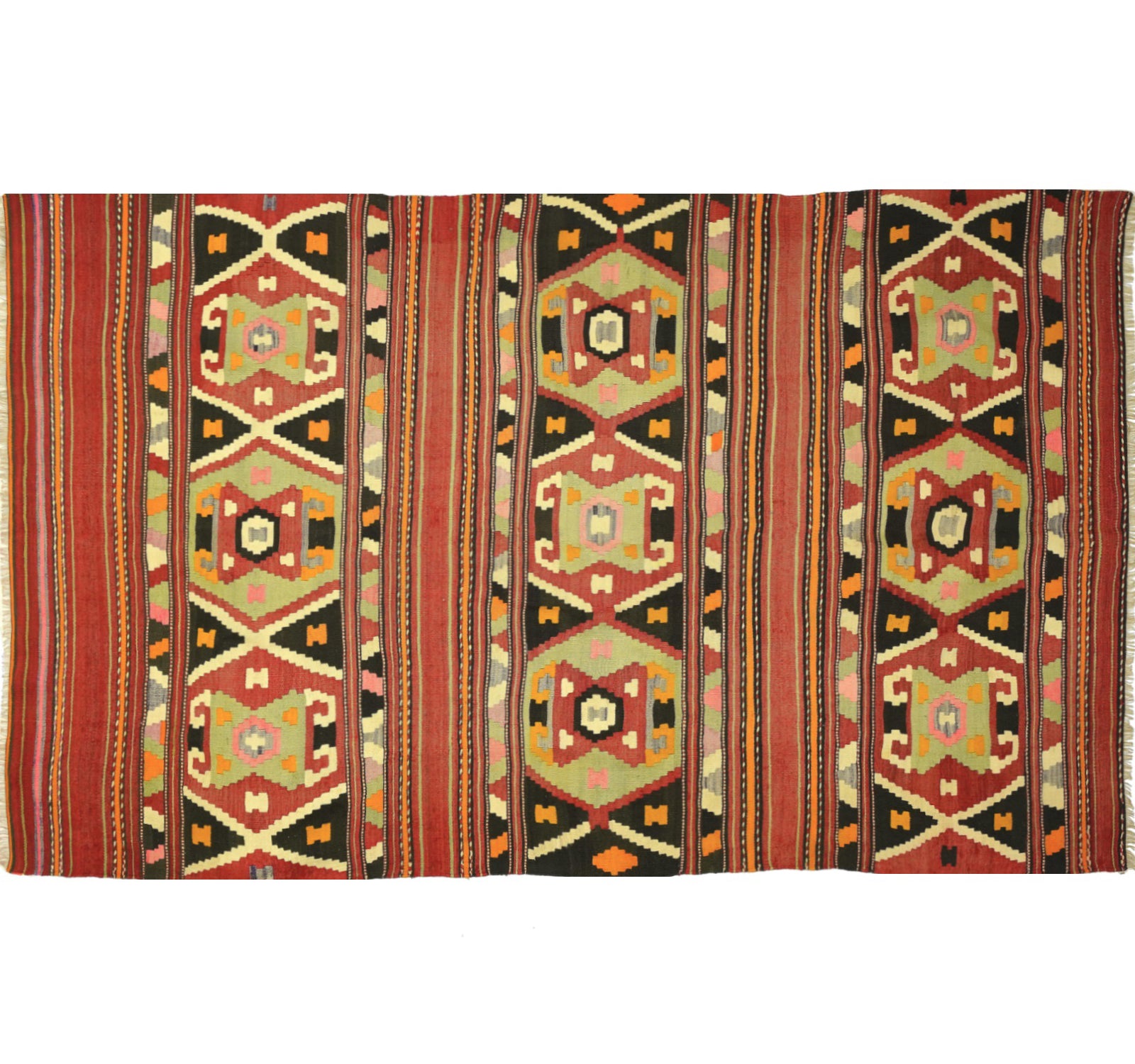 Tapis kilim ancien Kozak 258×168 cm, vue d'ensemble – Laine naturelle, environ 60 ans, Égée
