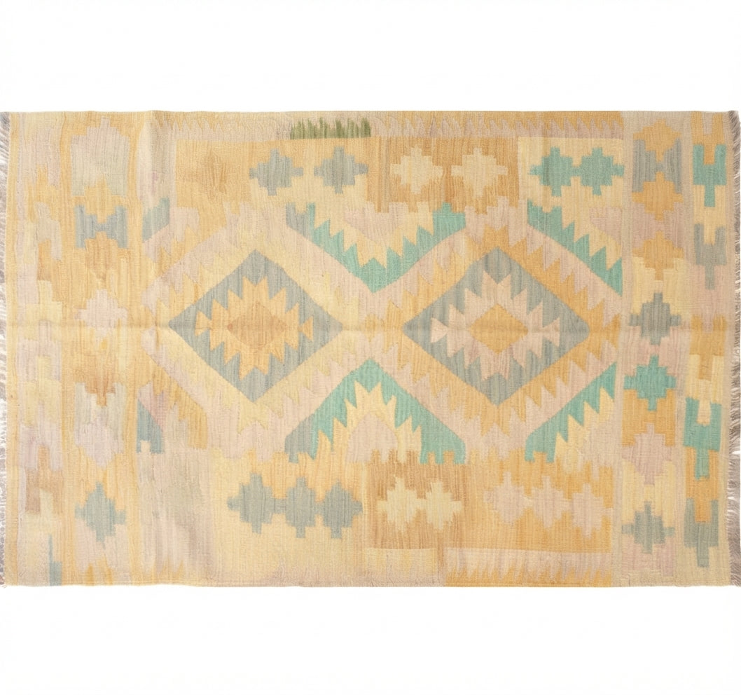 Vue horizontale du kilim Maimana 146 x 100 cm – Tapis turc en laine de provenance Maimana