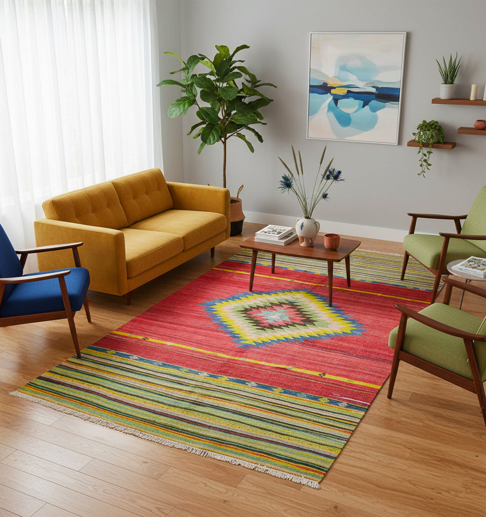 Kilim Manisa 250 x 150 cm en situation dans un intérieur moderne – Décoration provenance Manisa