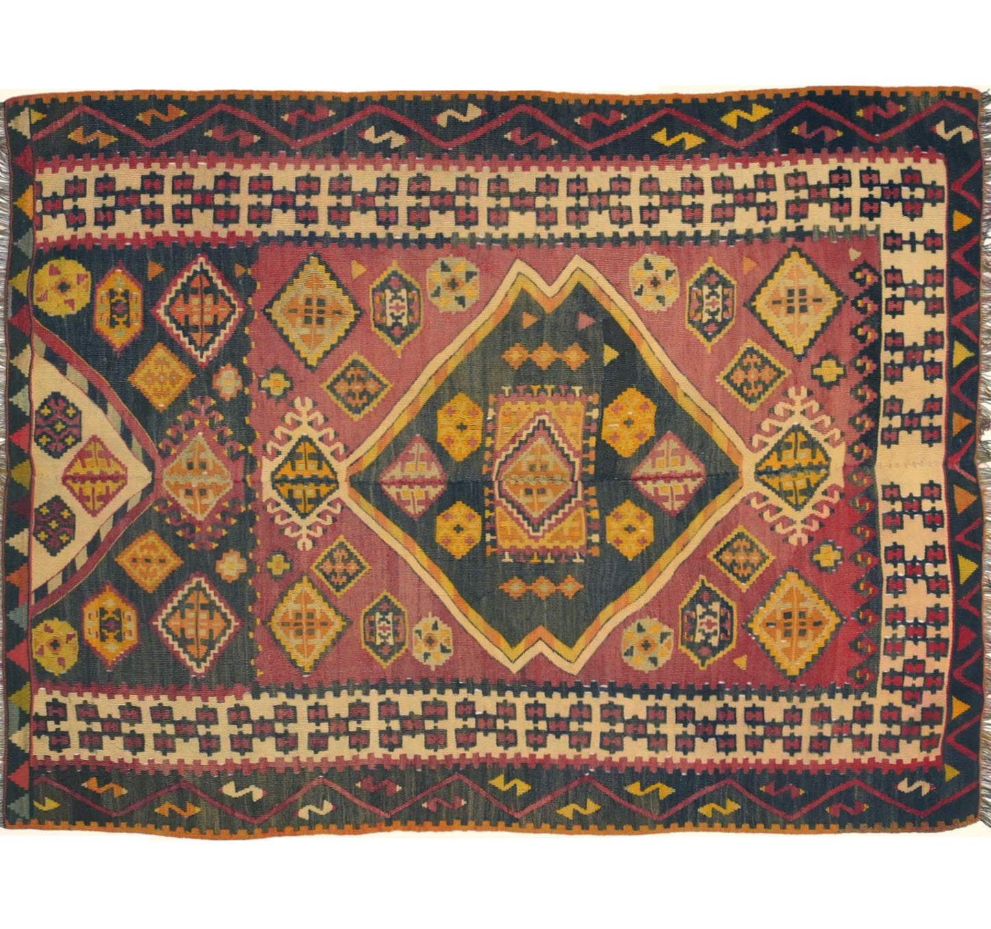Vue horizontale du kilim Maras 168 x 126 cm – Tapis turc en laine de provenance Maras