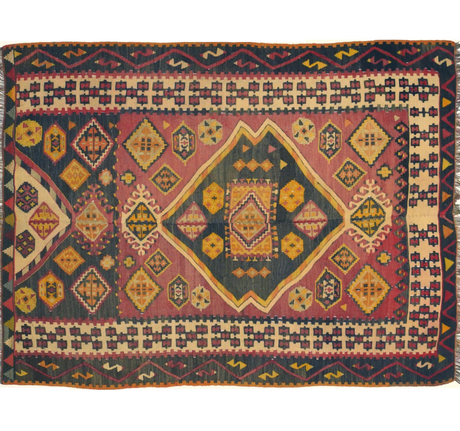 Vue horizontale du kilim Maras 168 x 126 cm – Tapis turc en laine de provenance Maras
