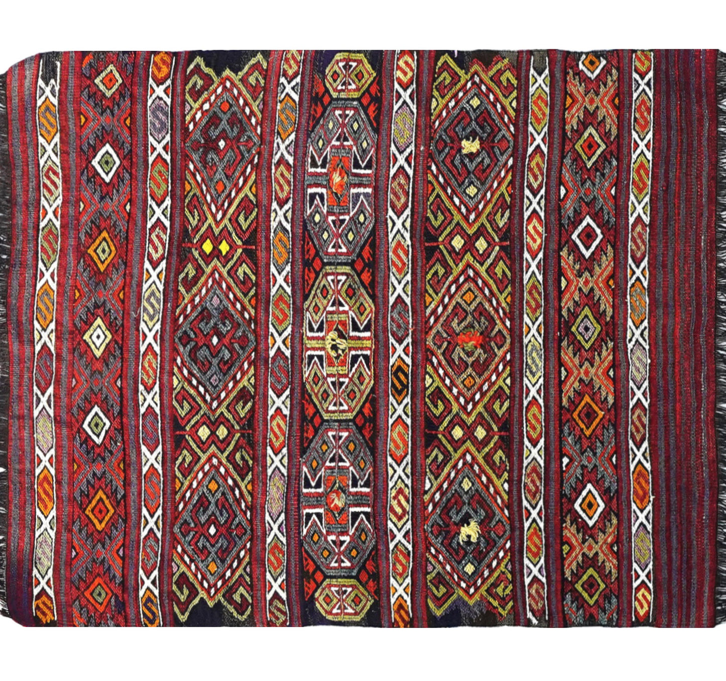 Tapis kilim ancien Menemenci 125×100 cm, vue d'ensemble – Laine naturelle, environ 60 ans, Anatolie de l'Ouest