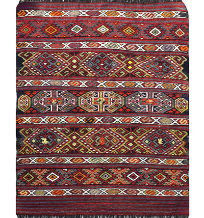Kilim ancien Menemenci 125×100 cm – Tapis kilim tissé main en laine naturelle, Anatolie de l'Ouest