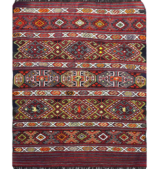 Kilim ancien Menemenci 125×100 cm – Tapis kilim tissé main en laine naturelle, Anatolie de l'Ouest