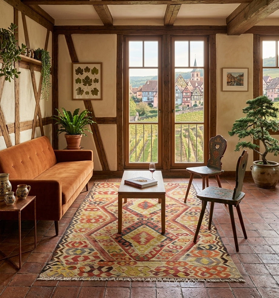 Tapis turc Kilim Menemenci en laine aux motifs géométriques dans un salon rustique avec canapé en velours et vue sur les vignes