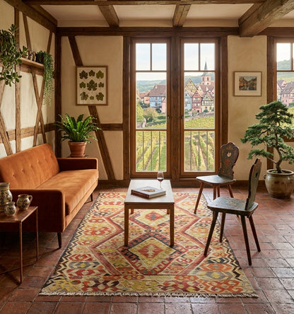 Tapis turc Kilim Menemenci en laine aux motifs géométriques dans un salon rustique avec canapé en velours et vue sur les vignes