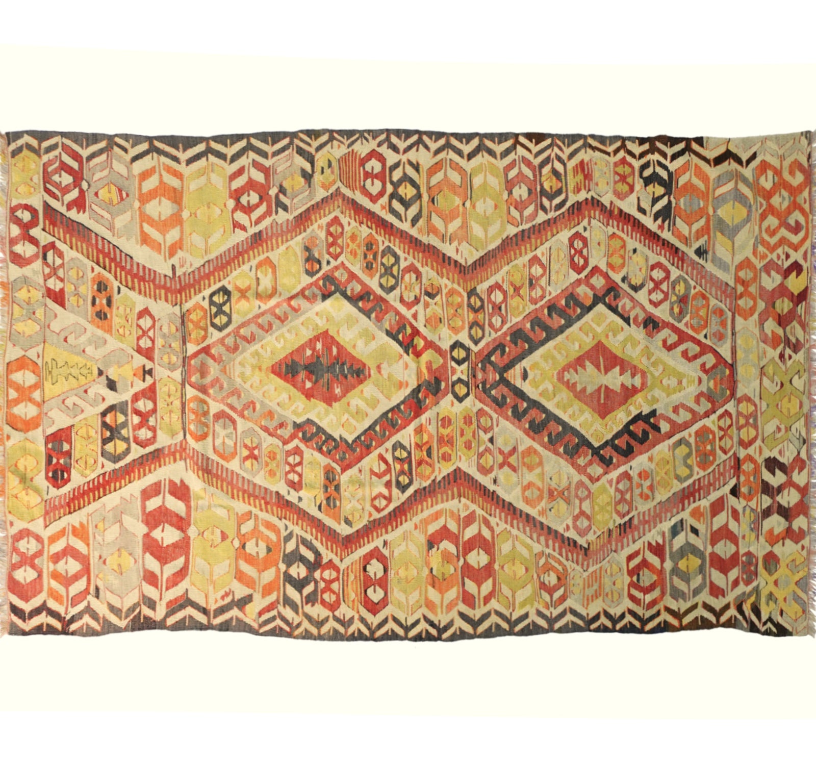 Vue horizontale du kilim Menemenci 260 x 150 cm – Tapis turc en laine de provenance Menemenci