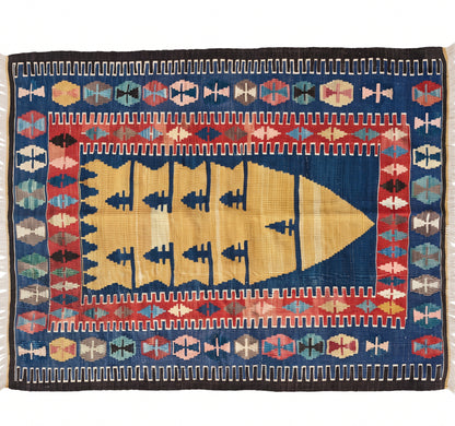 Vue horizontale du kilim Obruk 115 x 92 cm – Tapis turc en laine de provenance Obruk