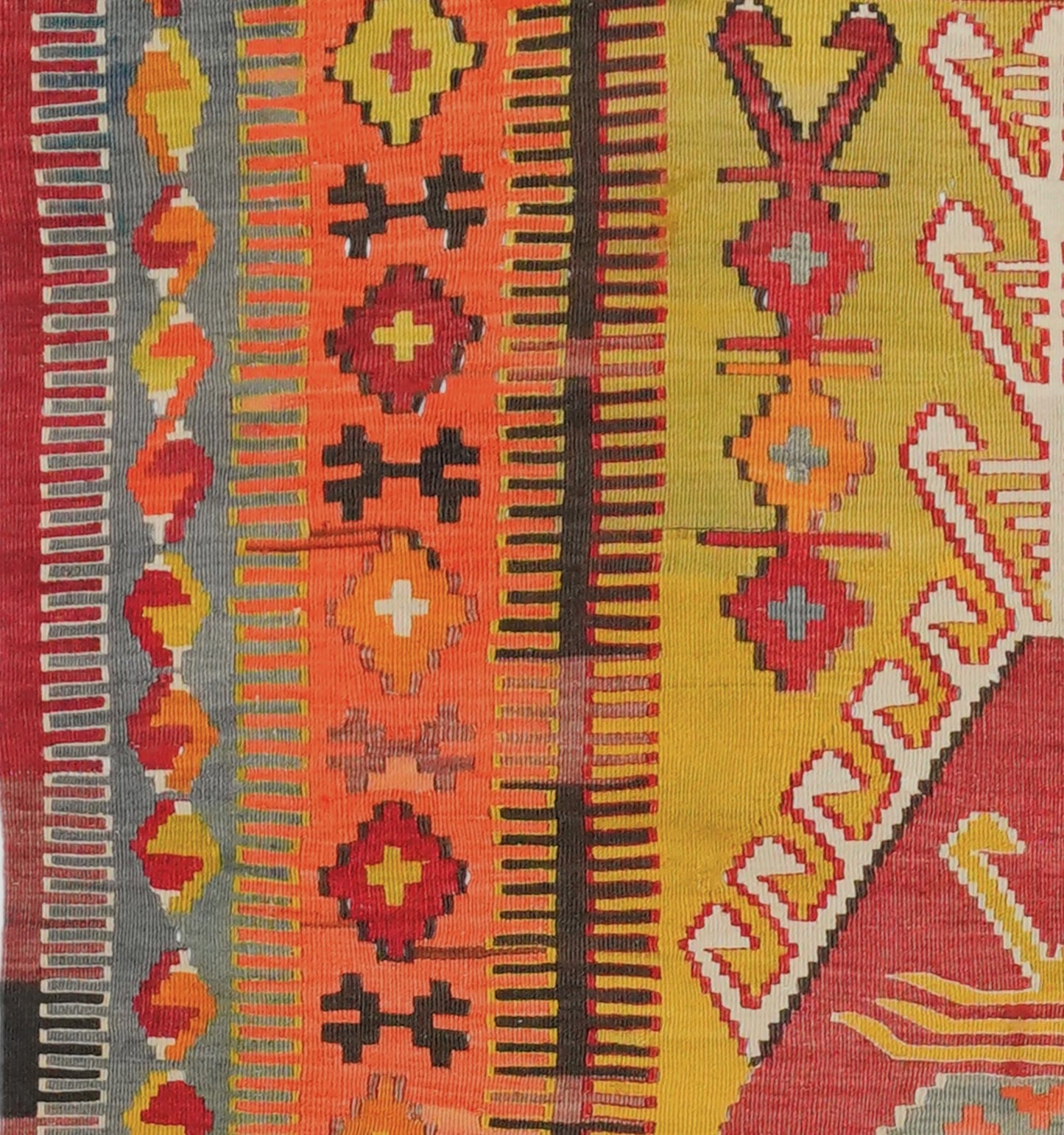Détail du tissage – Tapis kilim ancien Obruk 180×120 cm, laine naturelle tissée main