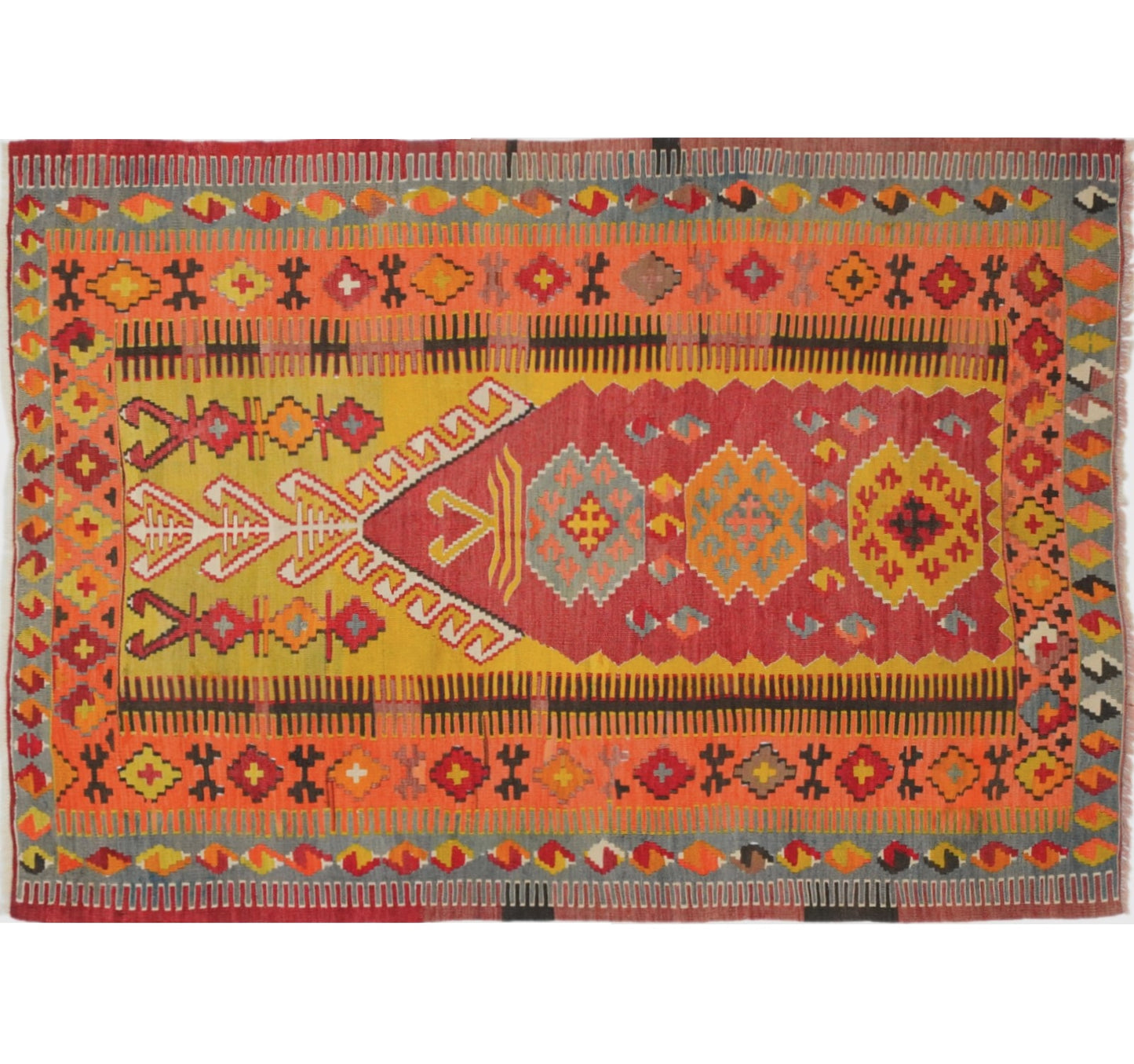 Tapis kilim ancien Obruk 180×120 cm, vue d'ensemble – Laine naturelle, environ 65 ans, Anatolie Centrale