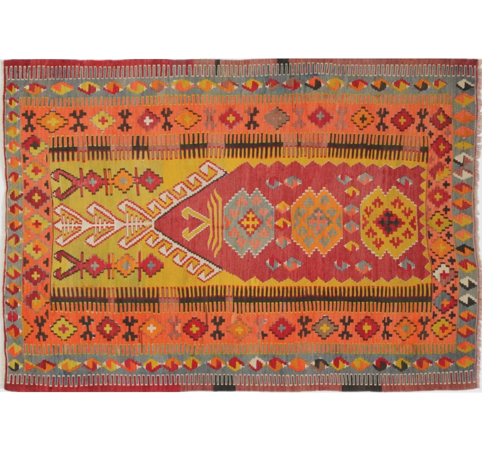 Tapis kilim ancien Obruk 180×120 cm, vue d'ensemble – Laine naturelle, environ 65 ans, Anatolie Centrale