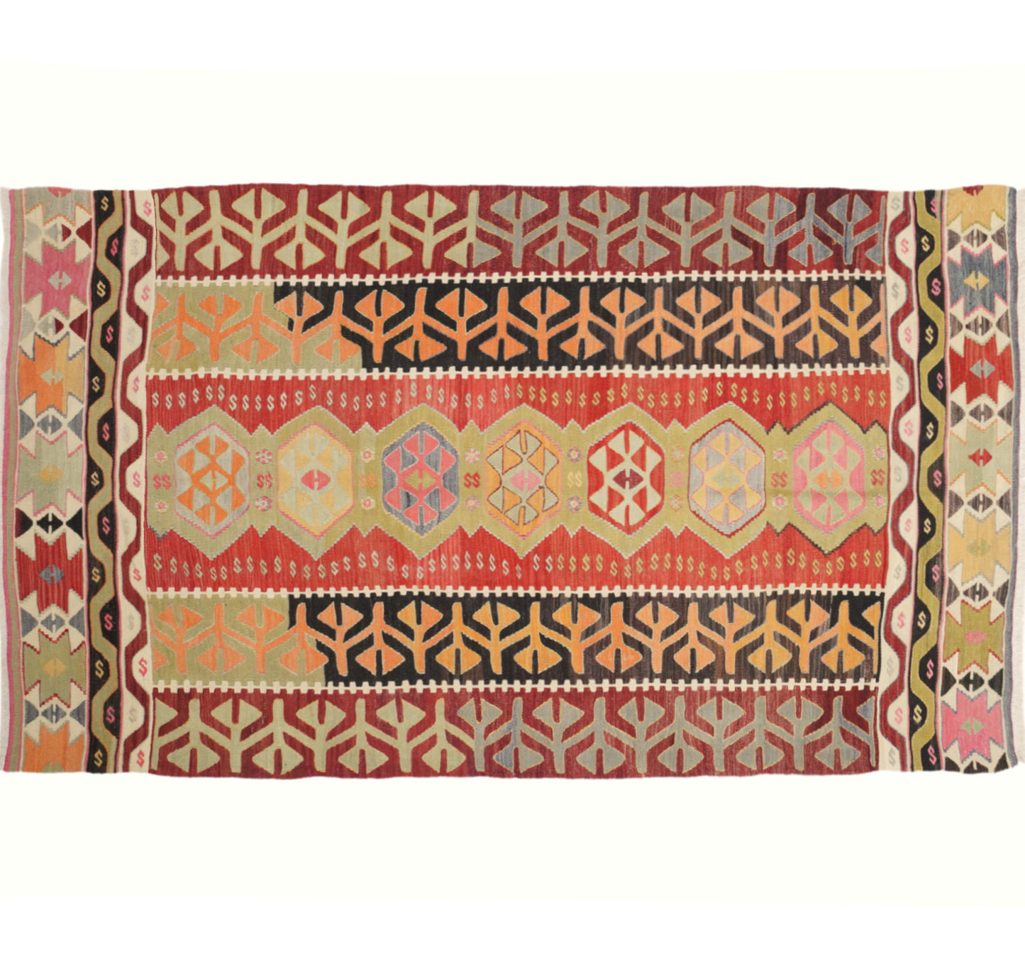Tapis kilim ancien Pamukkale 274×155 cm, vue d'ensemble – Laine naturelle, environ 65 ans, Anatolie de l'Ouest