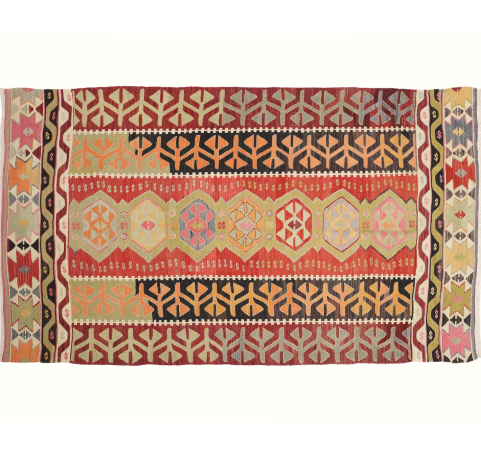 Tapis kilim ancien Pamukkale 274×155 cm, vue d'ensemble – Laine naturelle, environ 65 ans, Anatolie de l'Ouest