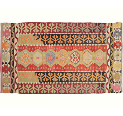 Tapis kilim ancien Pamukkale 274×155 cm, vue d'ensemble – Laine naturelle, environ 65 ans, Anatolie de l'Ouest